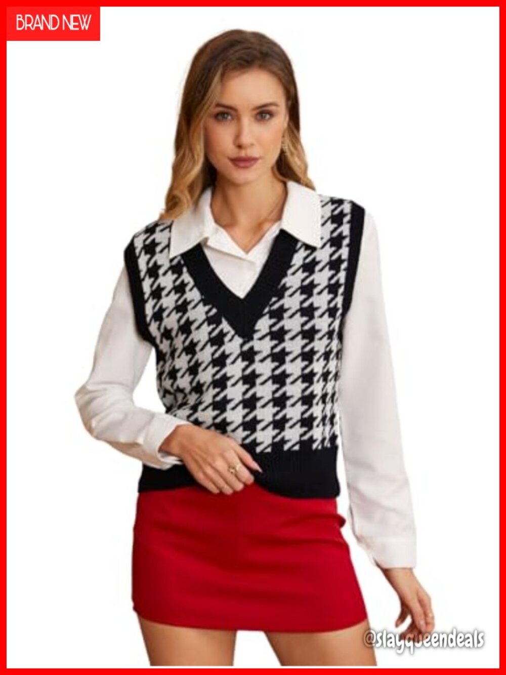 Sleeveless Knit Sweater Vest Houndstooth Crop Tank Top